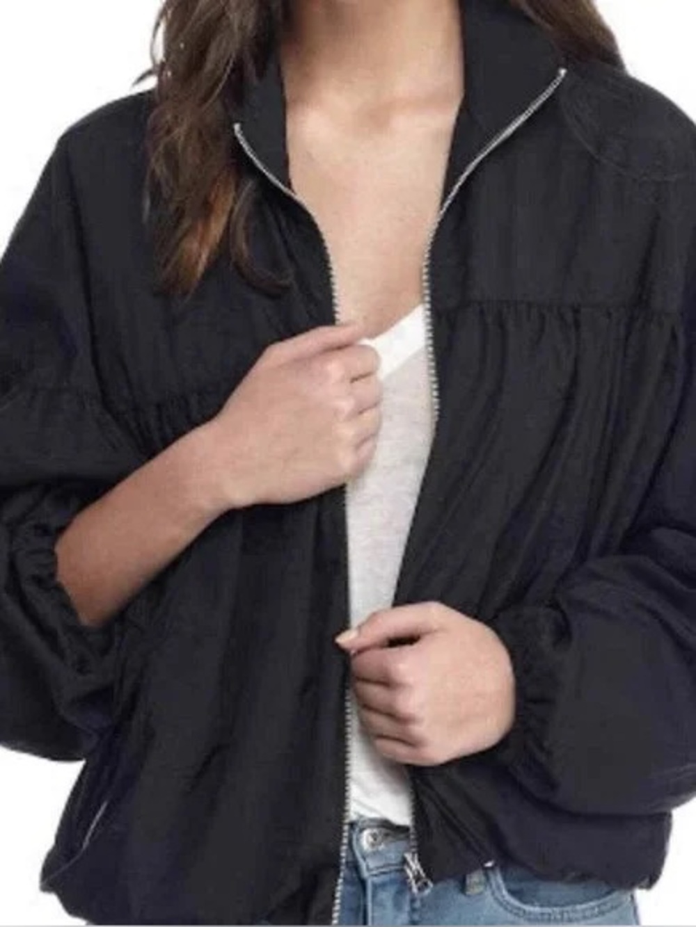 Free People Black Balloon Bomber Zip Jacket Dolman Sleeves M